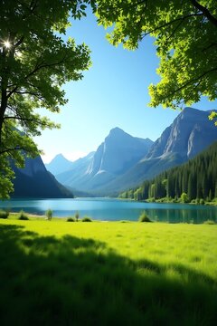 Stunning Mountain Lake Landscape with Verdant Meadow and Clear Sky