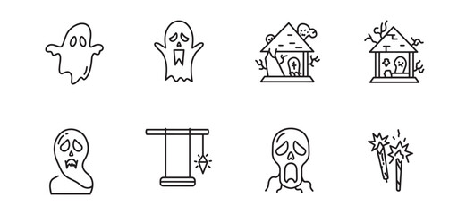 A collection of minimalist halloween icons depicting spooky ghosts and spells in black