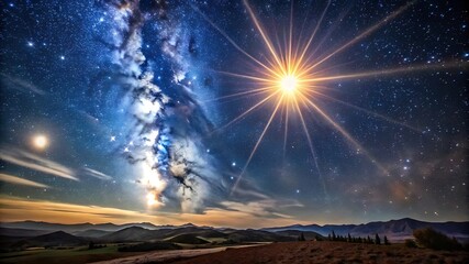 Bright starburst sun shining over a dramatic milky way galaxy and mountain landscape silhouette isolated on transparent background