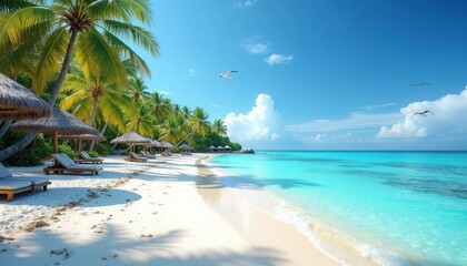 Summer on a tropical beach with coconut trees, straw umbrellas, clear blue sea, and flying birds. evoking a tranquil, exotic holiday mood, perfect for travel ads and escape-themed visuals.