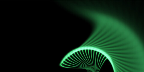 Green shiny sparks of spiral wave. Curved bright speed line swirls. Shiny wavy path. Rotating dynamic neon circle. Magic golden swirl with highlights. Glowing swirl bokeh effect. vector