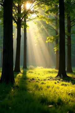 Serene Sunlit Forest Clearing with Golden Rays and Lush Green Grass