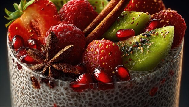 Close-up of a fruit parfait.  A glass bowl filled with a grey chia seed pudding topped with fresh strawberries, raspberries, kiwi, pomegranate seeds, and cinnamon sticks.  Star anise sits atop the mix