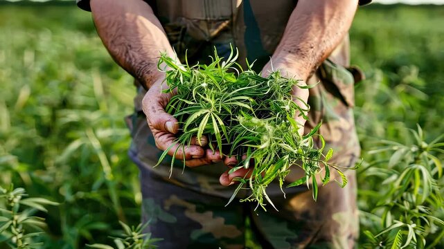 hemp in the hands of a man. selective focus