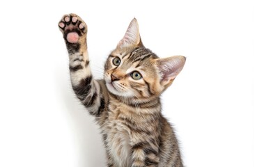 Fototapeta premium Adorable tabby kitten raises paw on white background. Young cat portrait captures playful, cute, funny, domestic mammal with fluffy fur. Studio shot highlights sweet feline, excellent for pet,