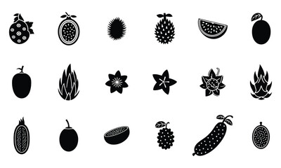 Exotic tropical fruit silhouette icon set in black vector style