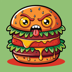 Angry Burger with dripping sauce, a cartoon illustration.