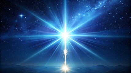 Bright blue starburst with radiating light beams against a dark starry night sky silhouette isolated on transparent background