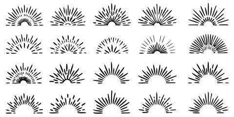 Set of light rays, sunburst and rays of sun. Design elements, linear drawing, vintage hipster style. Light rays sunburst, Vector icon Illustration