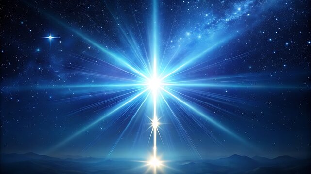 Bright blue starburst with radiating light beams against a dark starry night sky silhouette isolated on transparent background
