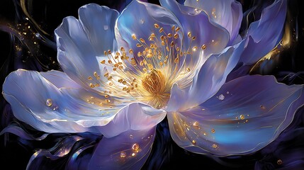 A magnificent flower with soft, iridescent petals and golden accents in the dark background
