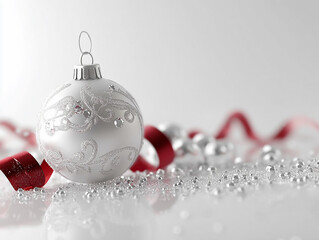 Christmas background. White bead and red tape on a light background. Close-up.