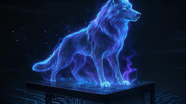 Glowing Blue Wolf Stands Majestically With a Futuristic Technology Backdrop