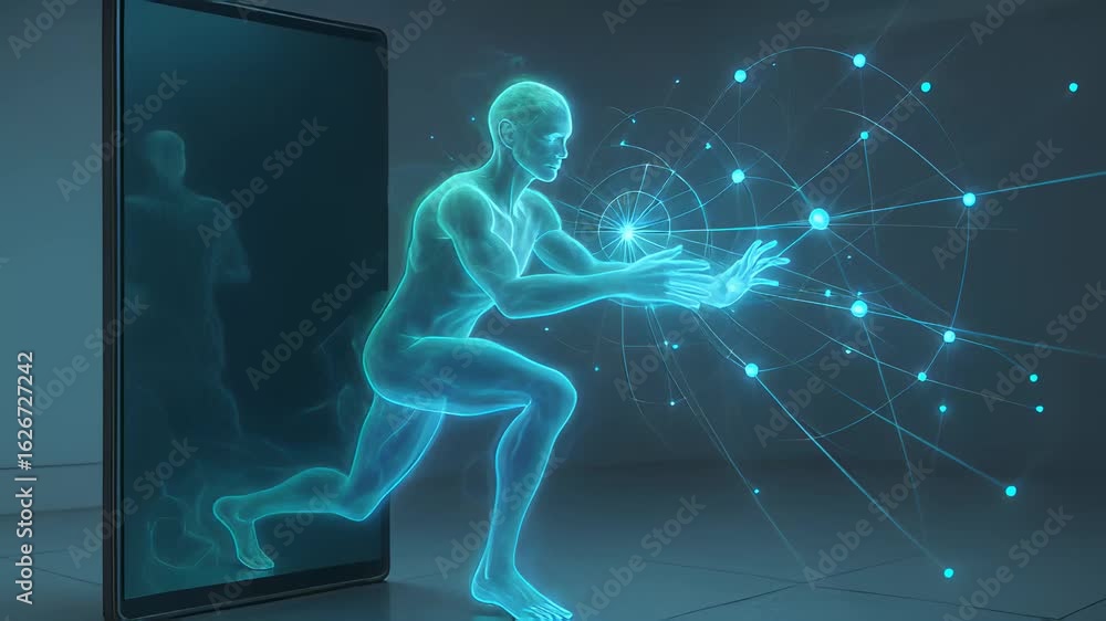 Poster glowing ethereal figure interacts with advanced technology in a dynamic closeup shot