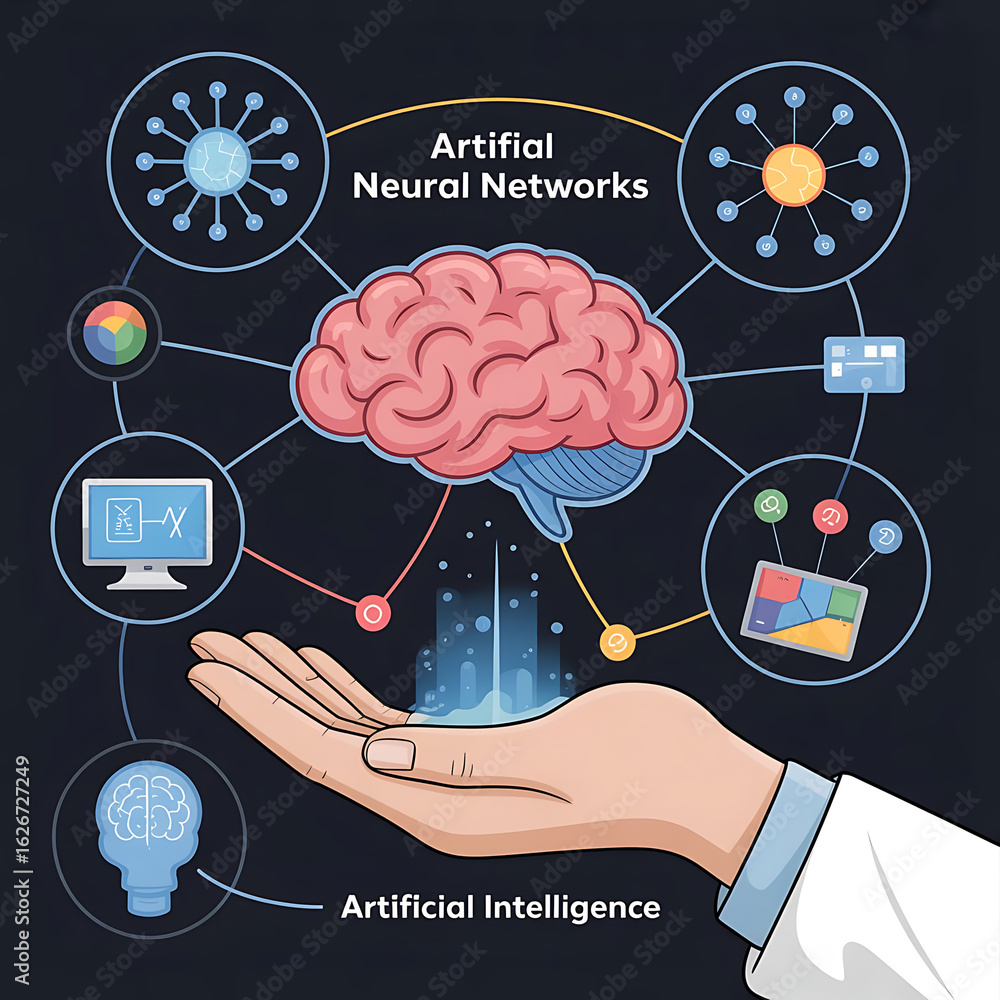 Poster a businessman's hand touches a virtual brain connected to a global network of cloud computing and di