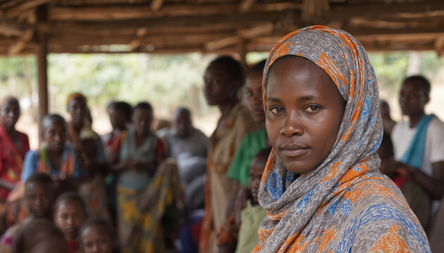 Woman wearing colorful headscarf, prominent in group at village gathering. Focus on serious expression looking towards camera, blurred background of African community. Represents culture, tradition,