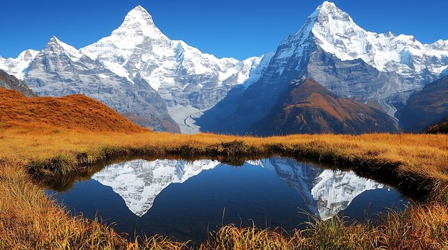 191. Serene mountain lake reflecting snowy peaks under clear blue sky