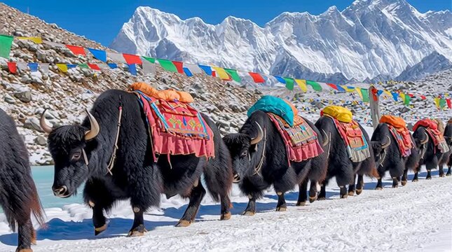 Tibetan yak culture yak caravan in Himalaya mountains trekking through snow, yak caravan journey in high altitude terrain, yak caravan walking beneath Everest peaks