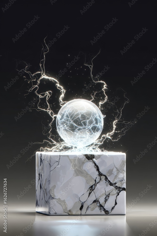 Poster a luminous sphere rests atop a marble cube, surrounded by ethereal lightning