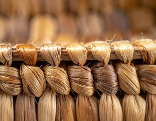 Woven texture and detail: Close-up shot of a woven material showcasing intricate patterns and textures, with subtle variations in color and fiber structure.