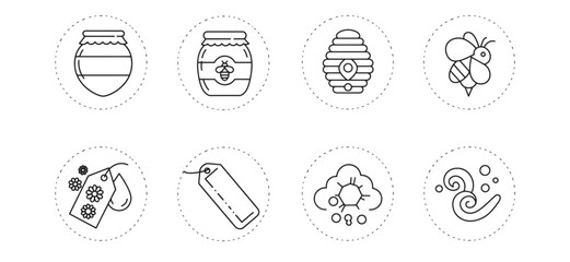 Set of eight honeybee icons depicting bees honeycombs honey and related elements