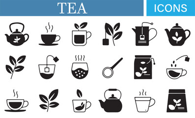 Tea Pot, Cup, and Tea Bag Icon Set – Perfect for Beverage, Kitchen, and Food Industry Use