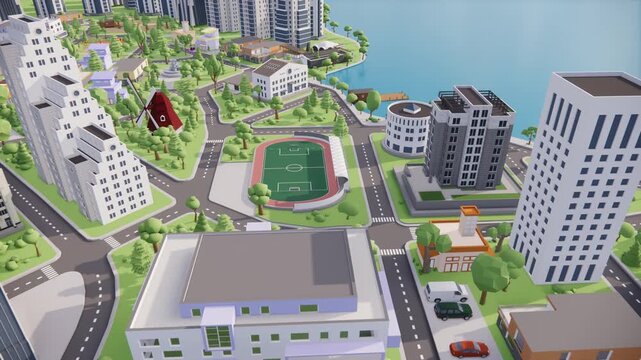 Low poly aerial view of a modern city area on the coast, flat-style low poly in Sim City in 4K 3D render