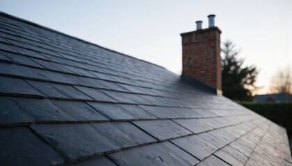 Close-up of dark slate rooftop with chimney. Hard-wearing, waterproof material for home exterior. Classic architecture, modern home design with overlapping shingles.