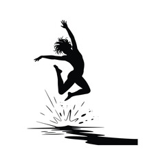 Naklejka premium Silhouette of a woman leaping joyfully through water splashes