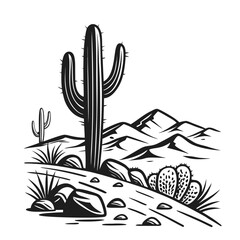 A classic black and white line art illustration of a saguaro cactus standing tall in a rocky desert landscape with mountains. © MdRasel