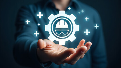 Person holding safety gear symbol with glowing plus signs helmet goggles