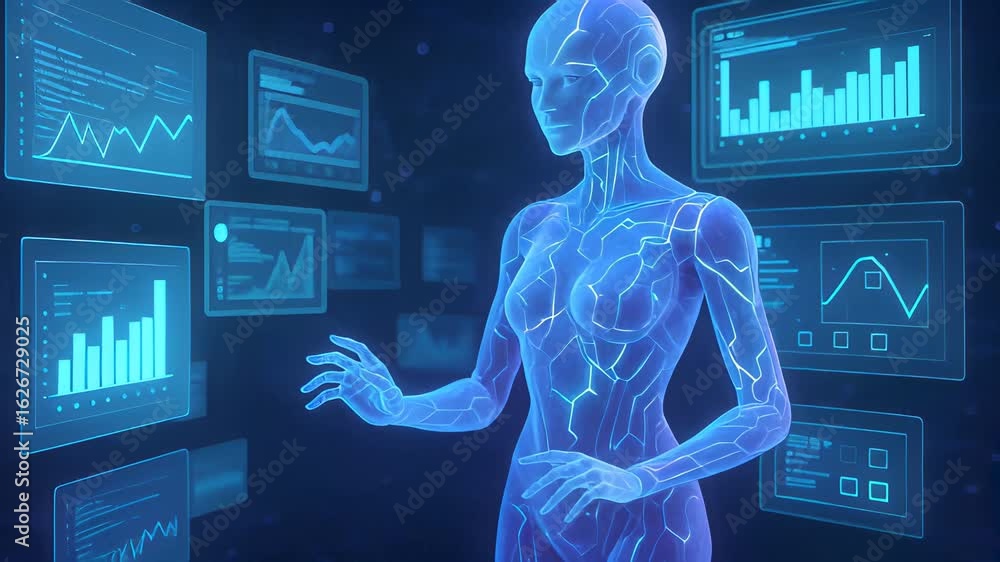 Poster dynamic closeup of a holographic humanoid figure interacting with advanced technology in a futuristi