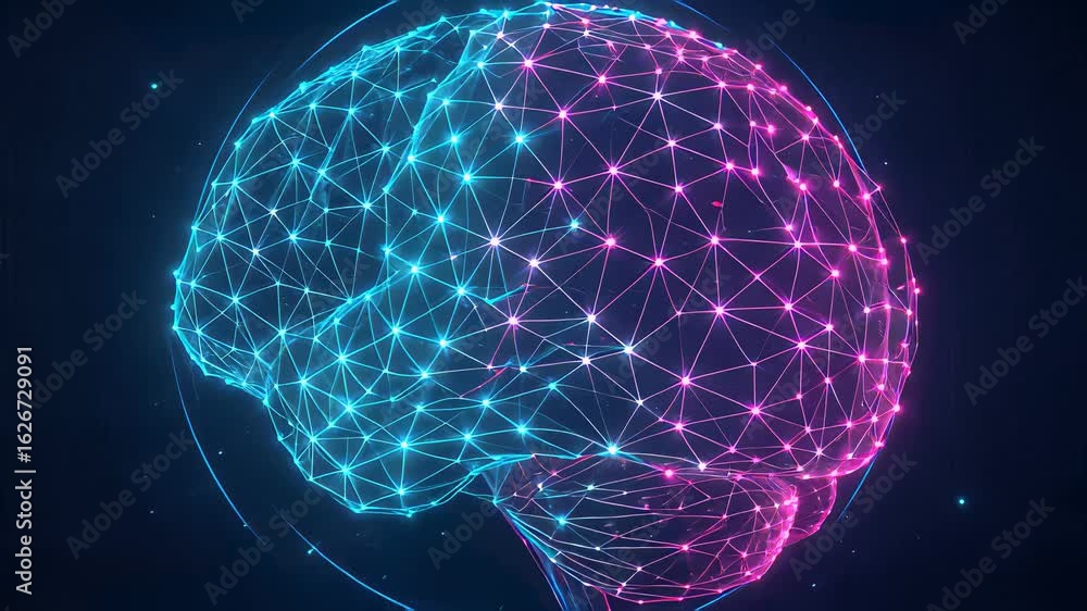 Poster explore dynamic glowing wireframe brain model depicting advanced technology concepts and neural conn