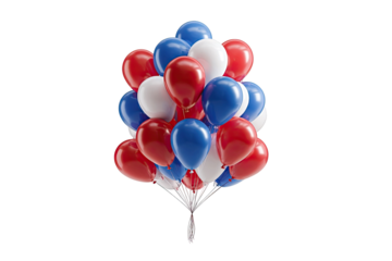 A cluster of red, white, and blue balloons