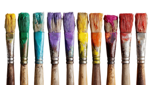 Row of colorful used paintbrushes
