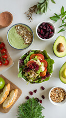 A flat lay photo of healthy foods such as salads, smoothie bowls, and nutritious snacks.