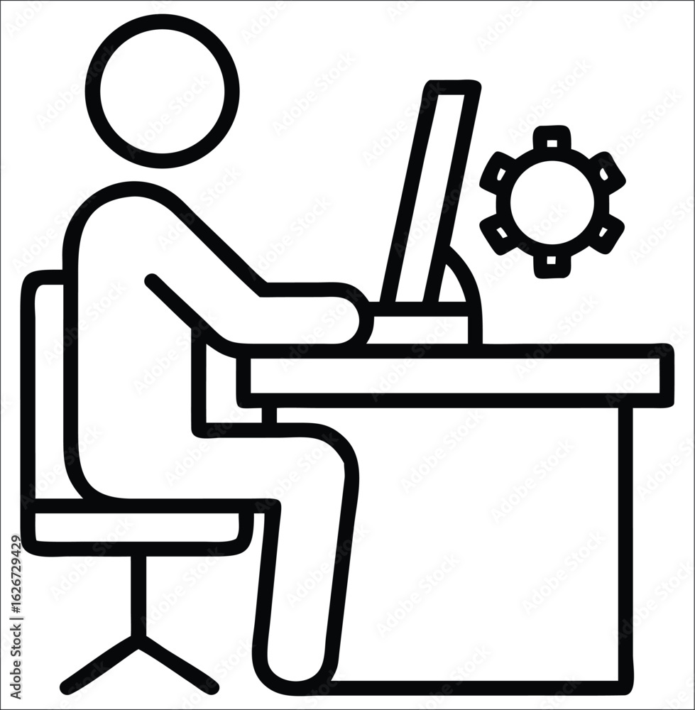Poster simple line art illustration of a person sitting at a desk working on a computer with a gear symbol 