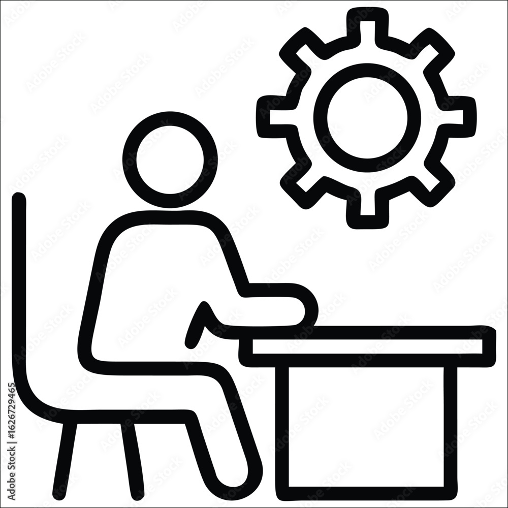 Poster a simple line art icon depicts a person sitting at a desk with a gear symbol above representing conc