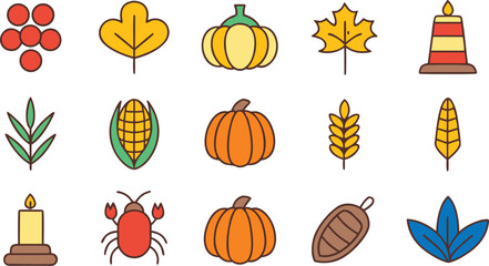 Thanksgiving Day Nova Scotia Canada Illustration Set. Canadian Thanksgiving Day Elements Colorful Collection Nova Scotia. Bright Thanksgiving Day Design Set Nova Scotia Canada. Colorful Harvest
