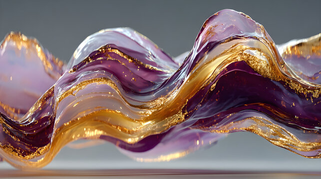 Luxurious abstract waves in rich purple, black, and gold flowing gently over a white surface, realistic HD