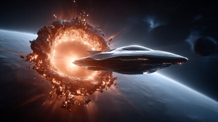 Ai spaceship navigating through a wormhole tunnel in deep space a science fiction adventure exploring cosmic realms