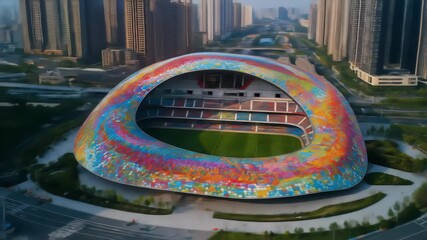 Aerial view of a vibrant, modern stadium with colorful mosaic exterior, surrounded by cityscape against a clear sky, showcasing urban architecture and design innovation. - Powered by Adobe