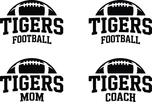 Football - Tigers is a sports team design that includes text with the team name and a football graphic. Great for Tigers t-shirts, mugs, advertising and promotions for teams or schools.