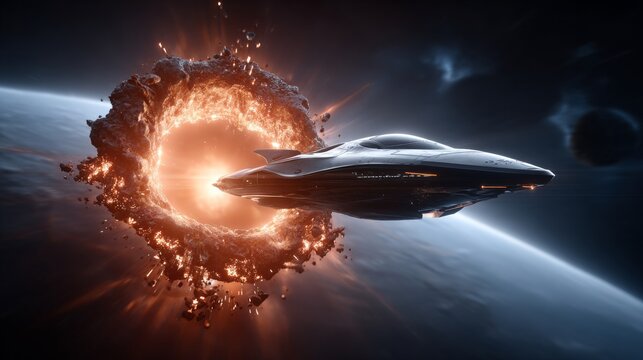 Ai spaceship navigating through a wormhole tunnel in deep space a science fiction adventure exploring cosmic realms