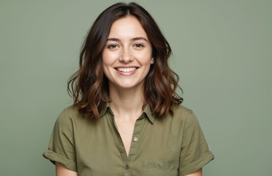 Young attractive woman smiles looking camera isolated on green background. Wears casual olive shirt. Female person, beautiful face, cheerful expression, represents mid-life beauty, happy lifestyle.