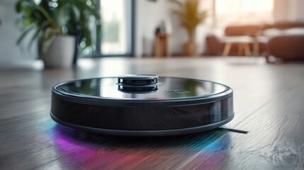 Obraz premium Smart Robotic Vacuum Cleaner on Hardwood Floor in Modern Home Cleaning Technology for Effortless Home Cleaning