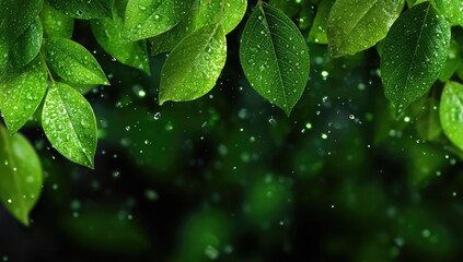 Fresh green leaves with water droplets, rain, dark background