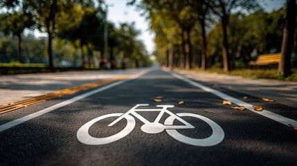Obraz premium Scenic Bike Path in Park Designated Bicycle Lane with Trees and Fall Leaves