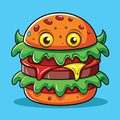 A cartoon burger with monster eyes.