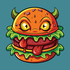 A cartoonish, demonic hamburger with a hungry expression.